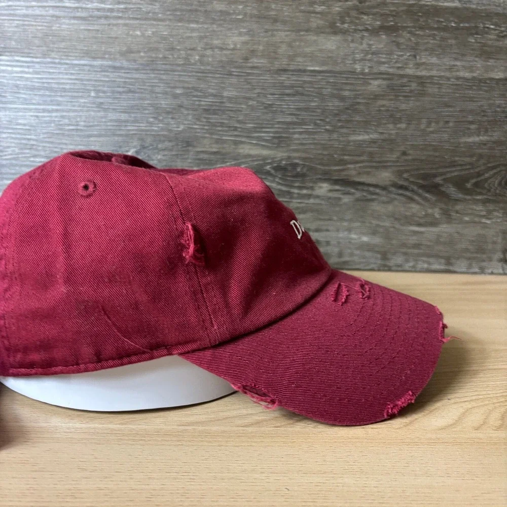 Daddy Hat Cap Strap Back Womens Red Maroon Distressed Adjustable